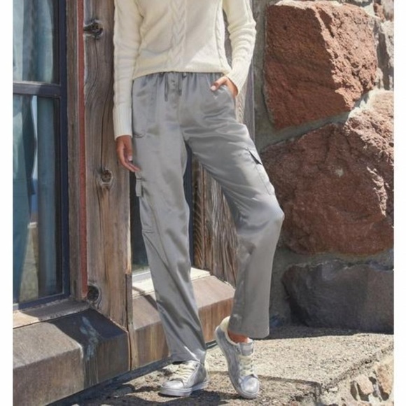 NWOT Boston Proper Silver Elastic Waist Pull-on Pants Straight leg Cargo Pockets - Picture 1 of 15